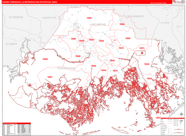 Houma-Thibodaux Metro Area Map Book Red Line Style
